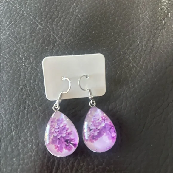 Purple Floral Tear Drop Fish Hook Earrings - Picture 4 of 6